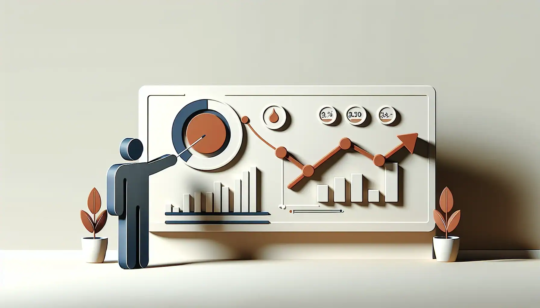 Business analyst pointing at growth charts and financial data.