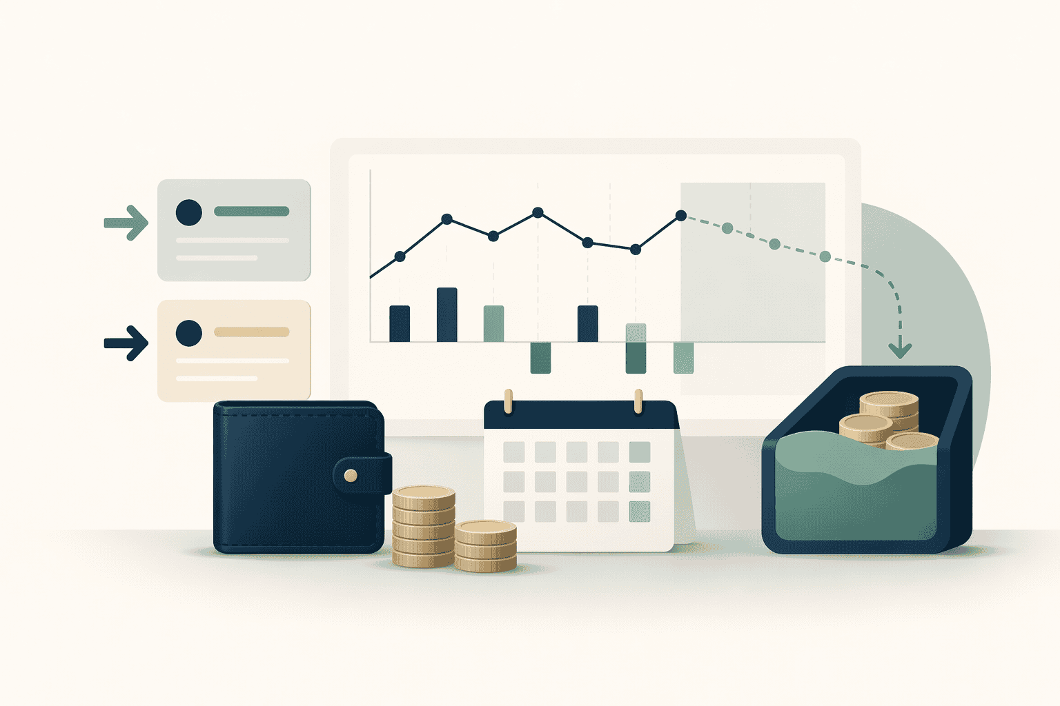 Small business cash flow forecasting chart with wallet and coins.