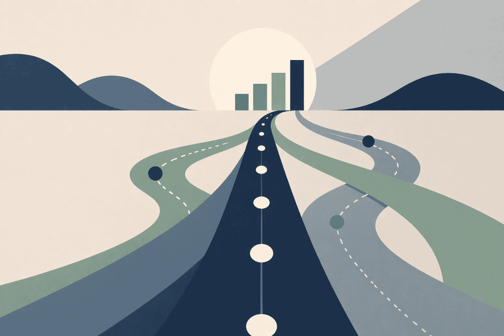 Illustration of a strategic road with multiple paths for CFO decision-making.