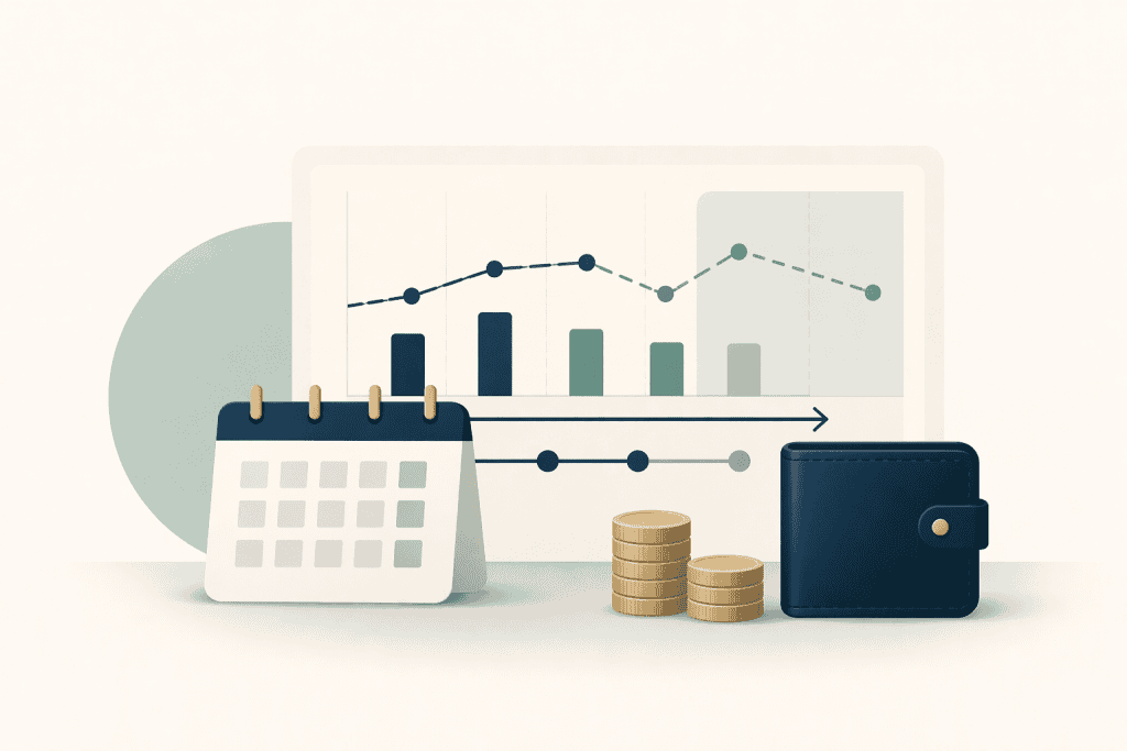 Financial graph with calendar, coins, and wallet for cash flow forecasting.