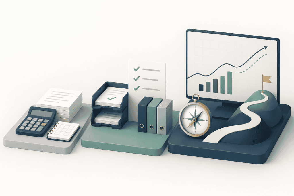 Business financial tools including calculator, files, and growth chart for strategic planning.