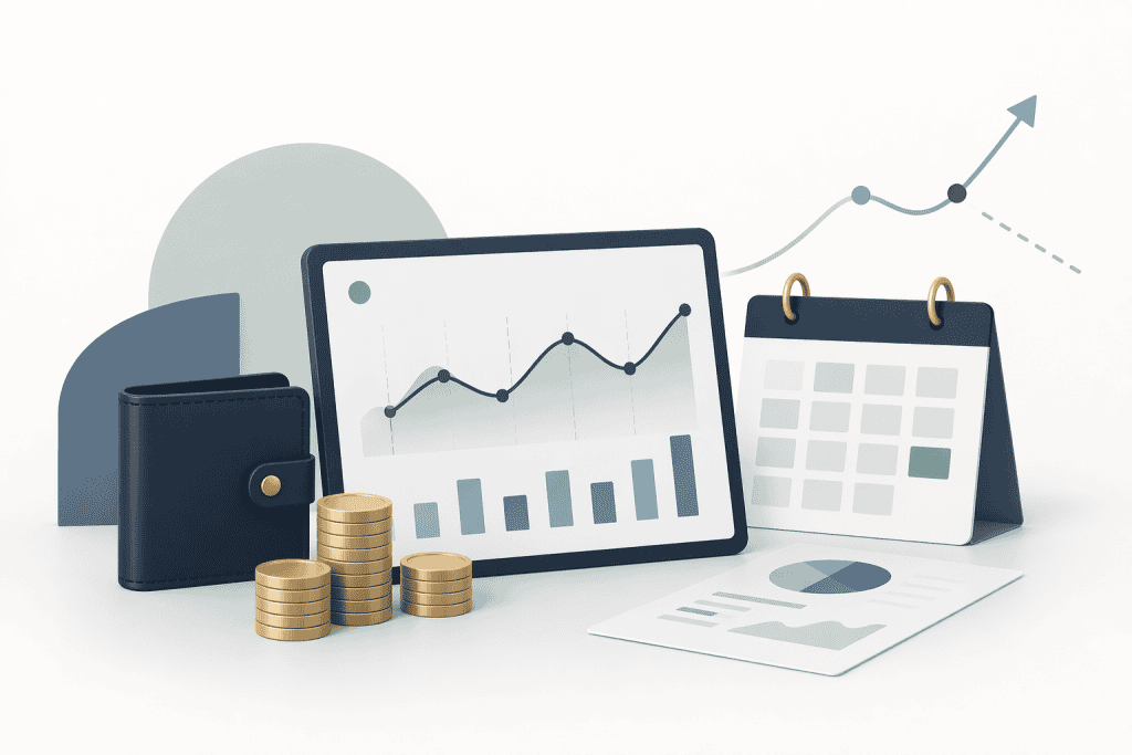 Financial growth chart showing upward trends with coins and calendar for business strategy.